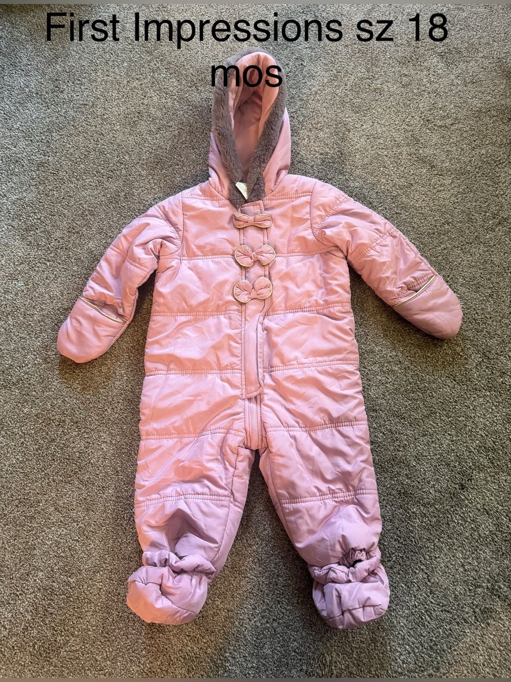 Pink Hooded Infant Snowsuit with Faux Fur Trim by First Impressions Sz 18 mos
